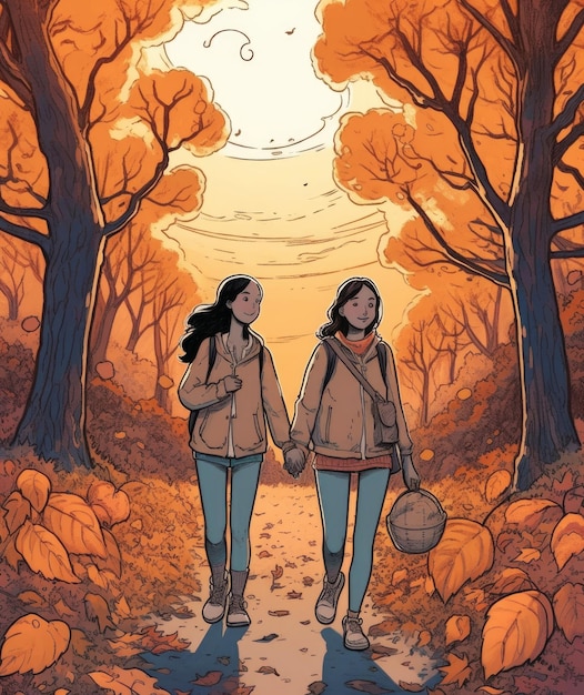 An illustration of two women walking in the woods holding hands.