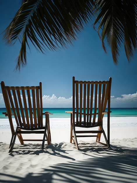 Illustration of two wooden chairs placed on a beautiful sandy beach with the ocean in the background created with Generative AI technology