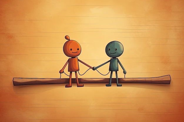 Illustration of Two Wooden Stick Figures of Friends Holding Hands on Friendship Day Greeting Card