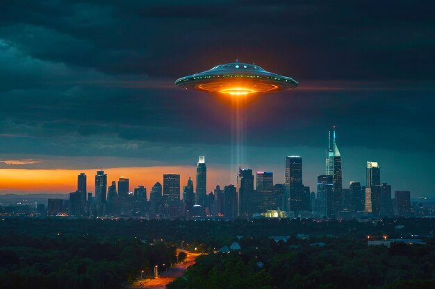 Illustration of a UFO spaceship over an evening metropolis Glowing neon lights sunset cloudy sky