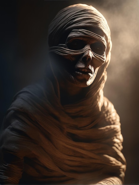 Illustration of an ultra realistic Mummy in dramatic light fog