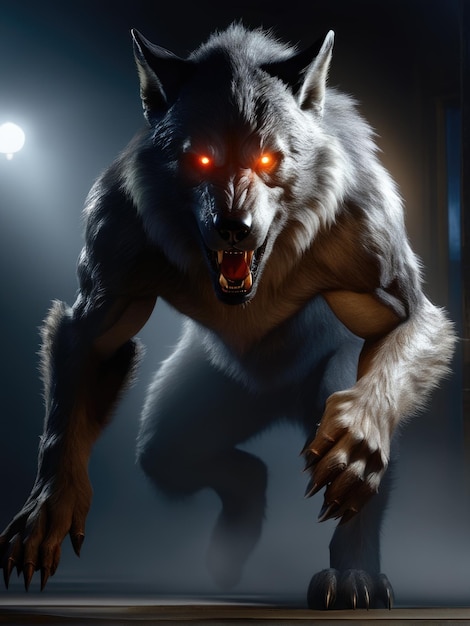 Photo illustration of an ultra realistic werewolf in dramatic light fog