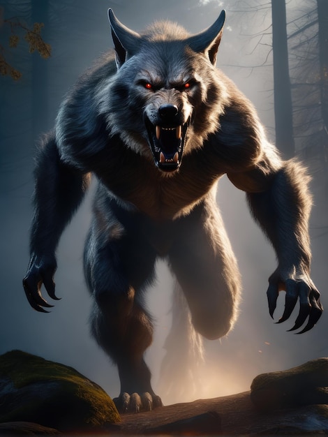 Photo illustration of an ultra realistic werewolf in dramatic light fog