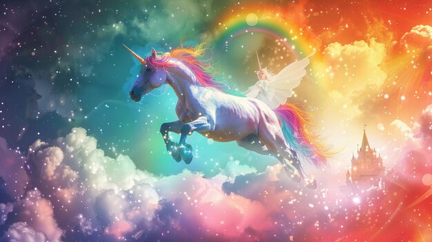 Foto illustrazione di un unicorno che vola nello spazio su uno sfondo colorato