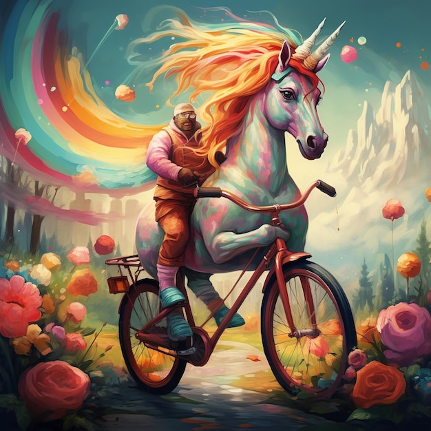 illustration of unicorn riding a bicycle