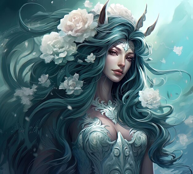 an illustration of unicorn with long hair and flowers in the style of artgerm