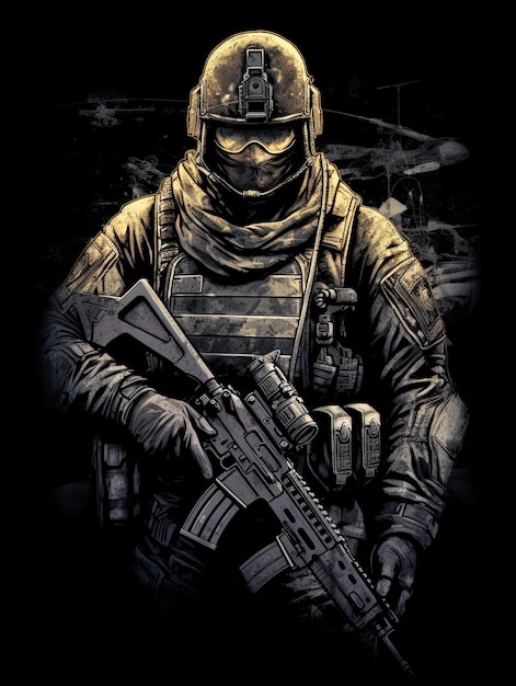 Illustration of a United States Navy Seal or Marine with the flag behind Generative AI
