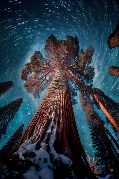 Illustration of an upward looking view of a giant sequoiaperforming time lapse astronomical photography ai generated