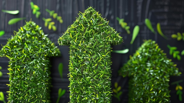 Foto illustrazione di frecce rivolte verso l'alto fatte di erba verde lussureggiante che simboleggiano il progresso ecologico