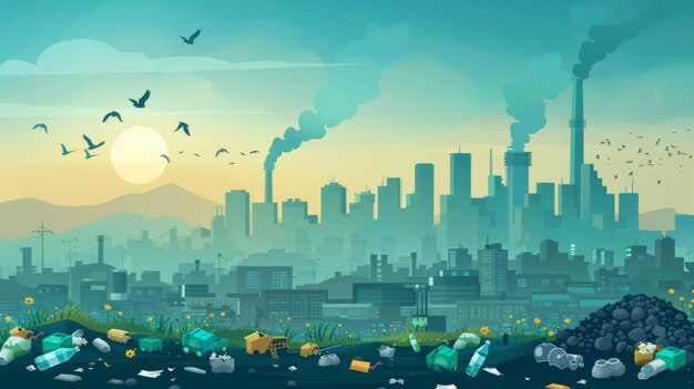 Photo illustration of urban pollution with factories emitting smoke highlighting environmental issues and the impact of industrialization