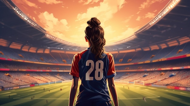 アメリカのサッカー選手の女性が赤いジャージを着てスタジアムを見ているイラスト