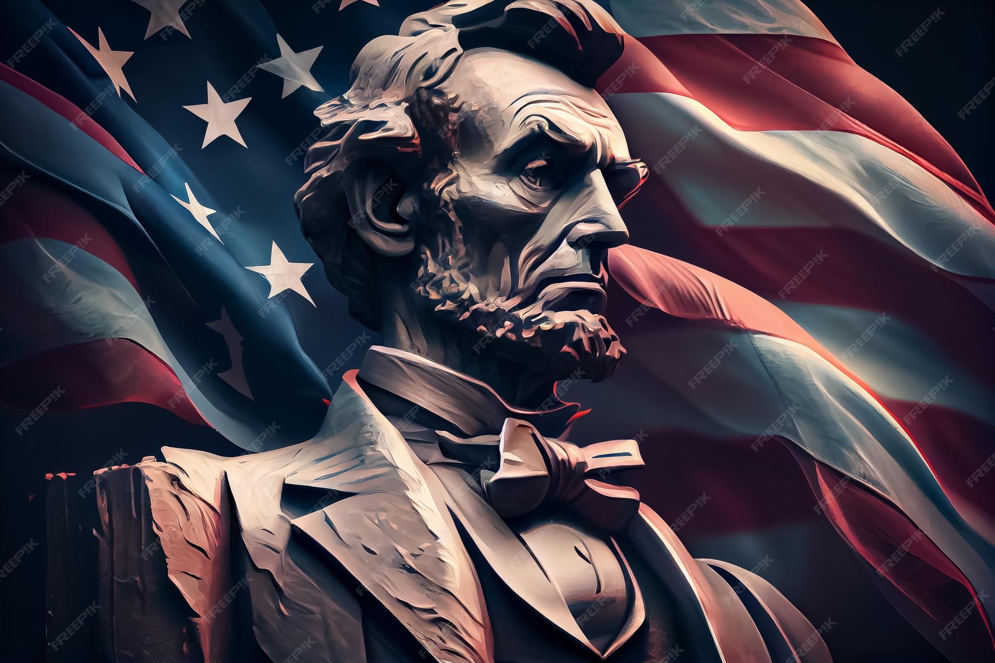 Illustration of USA President Abraham Lincoln and American flag AI