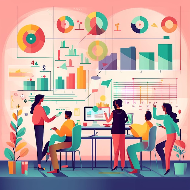 Illustration of a UX research team scrutinizing user data amidst charts and notes