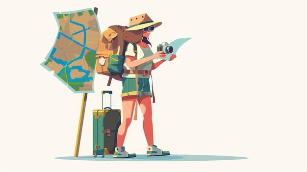 Illustration of a vacationing tourist with backpack map and camera Happy photographer sightseeing on vacation Young man with luggage hitchhiking or trekking