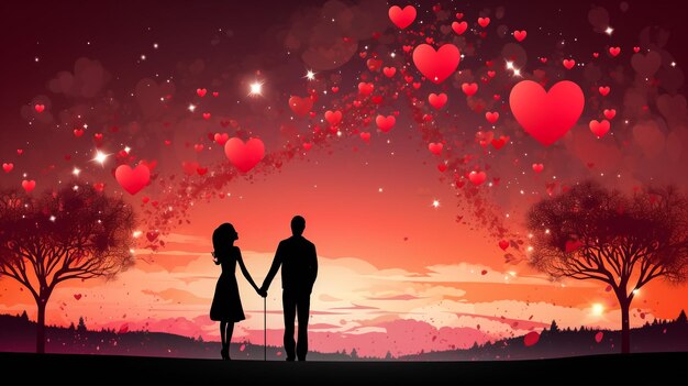 Illustration of valentine's day celebration greeting card with young loving couple silhouettes