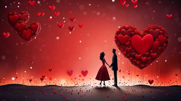 Illustration of Valentine's Day celebration greeting card with young loving couple silhouettes