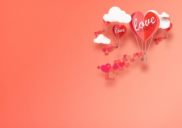 Illustration for Valentine's Day. Living heart shaped balloons Living Coral fly among the clouds and praise love. concept of love peace and happiness.