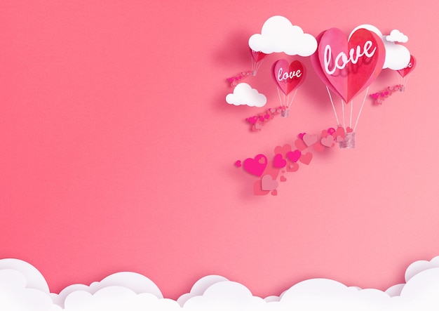 Illustration for Valentine's Day. Living heart shaped balloons Living Coral fly among the clouds and praise love. concept of love peace and happiness.