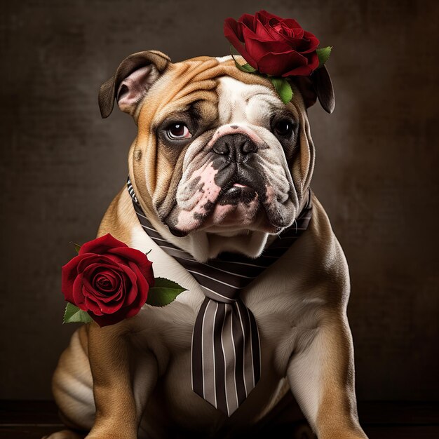 Photo illustration of valentines bulldog dog with rose in mouth as a mugsh