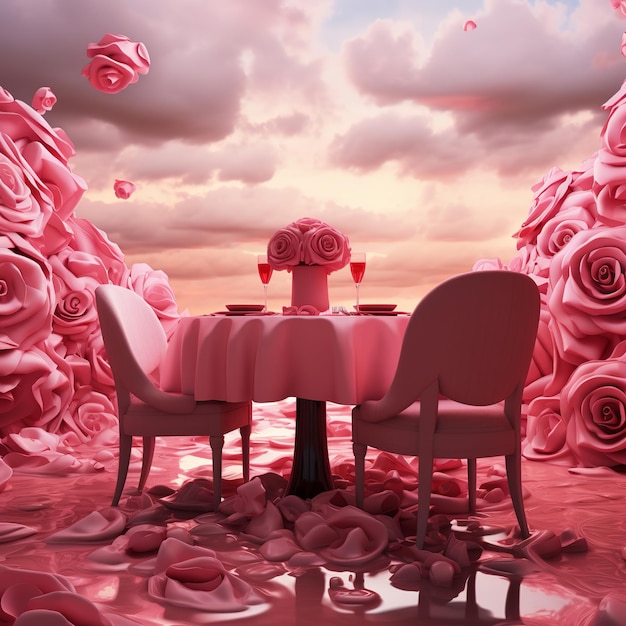 иллюстрация ко Дню Святого Валентина розовая, представьте, ужин из роз 8k HD surrea