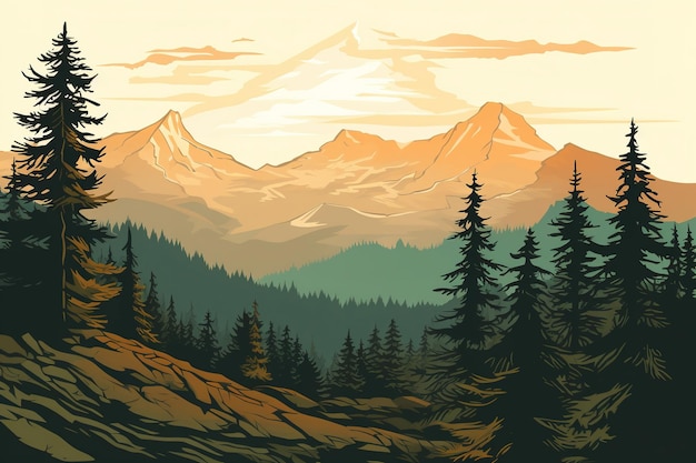 Illustration of valley view of forest fir trees and mountain peaks