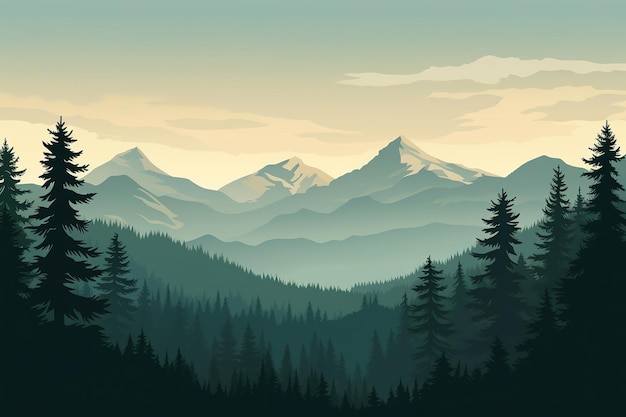 Photo illustration of valley view of forest fir trees and mountain peaks