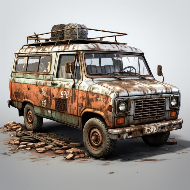 Photo illustration van 76 rusty muddy surrounded by gravel and clean