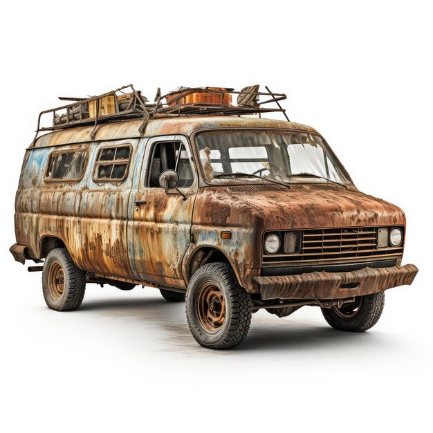 Photo illustration the van 76 rusty and muddy with clean gravel