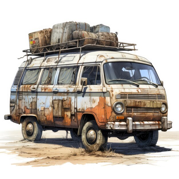 Photo illustration the van 76 rusty with muddy and gravel surrounding