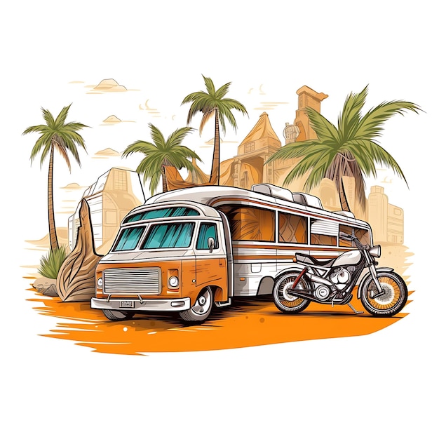 An illustration of a van and a motorcycle in front of palm trees Generative AI