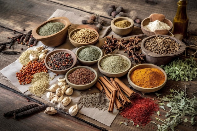 Photo illustration variety of dried herbs and spices on an old wood ai generative