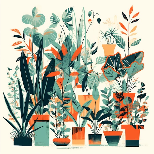 Photo illustration of a variety of plants in pots on a white background generative ai