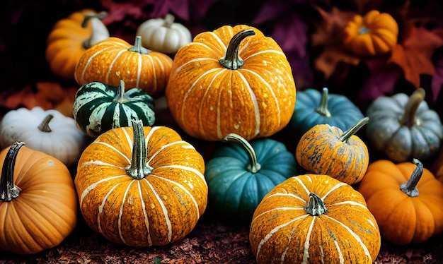 Illustration of variety pumpkins in different colors on the ground