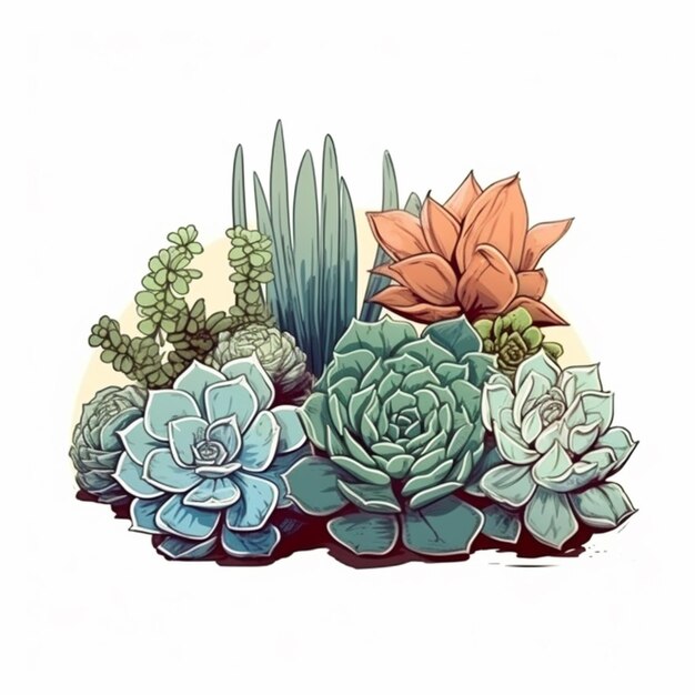 Illustration of a variety of succulents in a pot generative ai