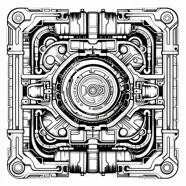 illustration of various 2x2 line art scifi pattern as tattoo