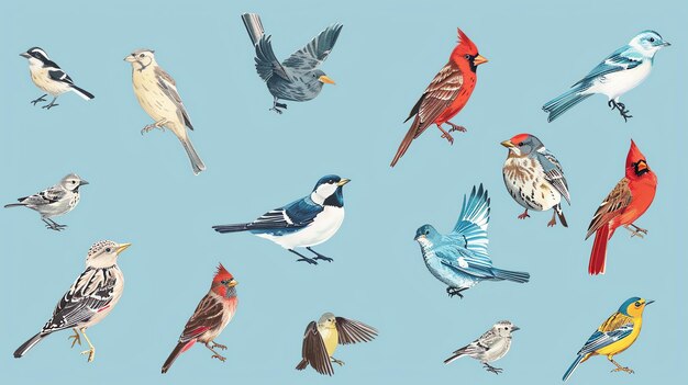Photo an illustration of various birds on a blue background