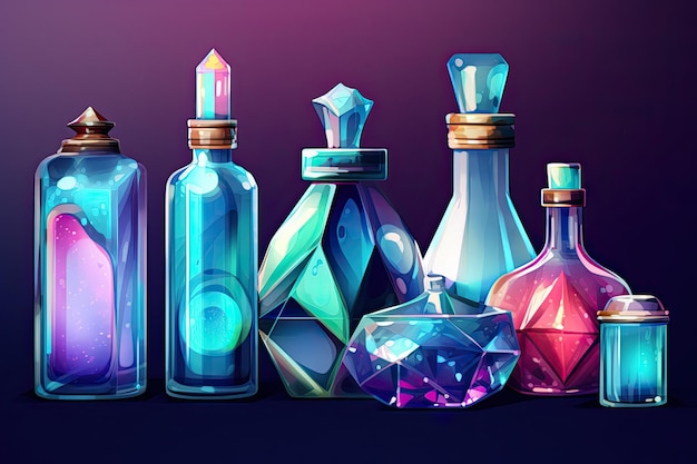 Иллюстрация различных алмазных бутылок и косметических контейнеров генеративного ИИ