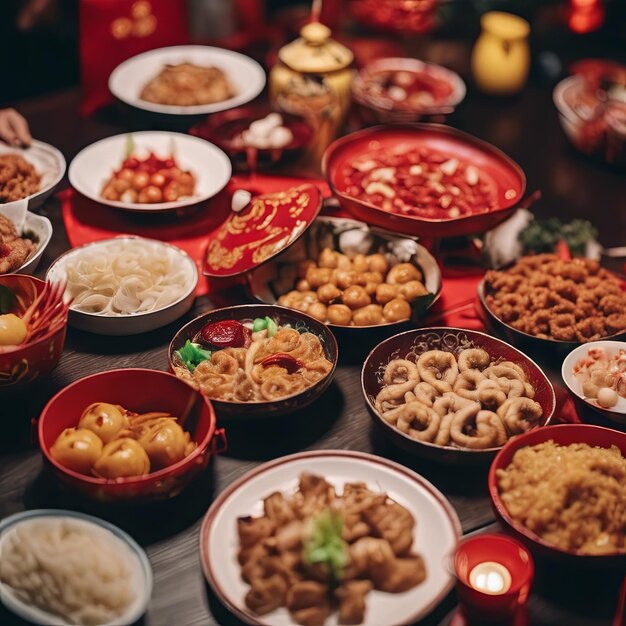 中国 の 新年 祝い の 前夜 の テーブル に ある 様々な 食べ物 の 描写