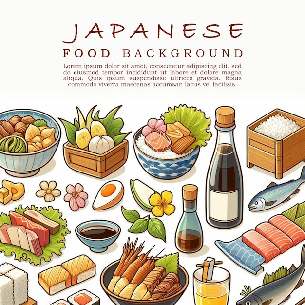 illustration of various japanes foods on a white background