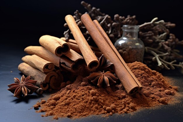 Photo illustration of various pieces of cinnamon stick and cinnamon powder condiments generative ai