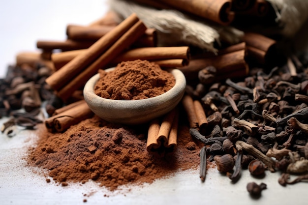 Photo illustration of various pieces of cinnamon stick and cinnamon powder condiments generative ai