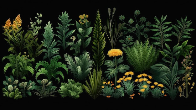 黒い背景の様々な植物のイラスト