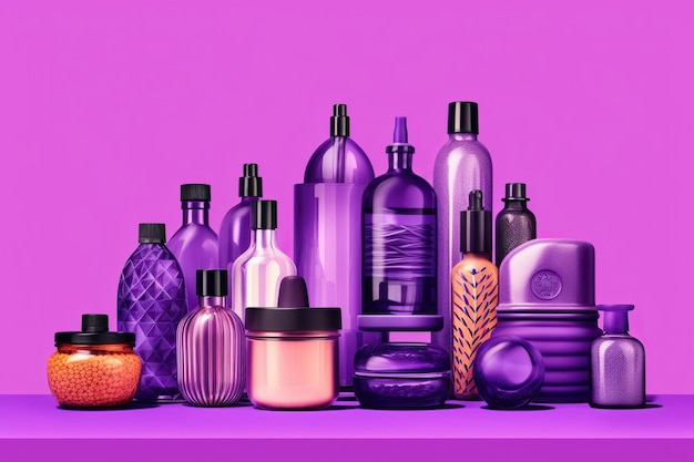Illustration of various purple bottles and cosmetic containers generative ai