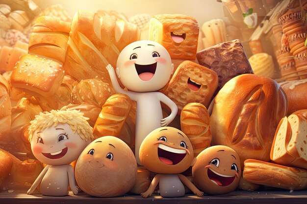 Photo illustration various shapes of bread smiling various styles generative ai