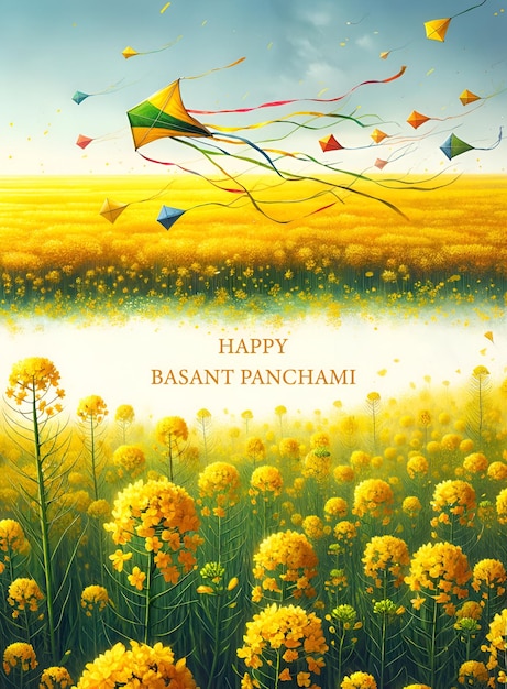 Illustration for vasant panchami with flying kites over mustard fields