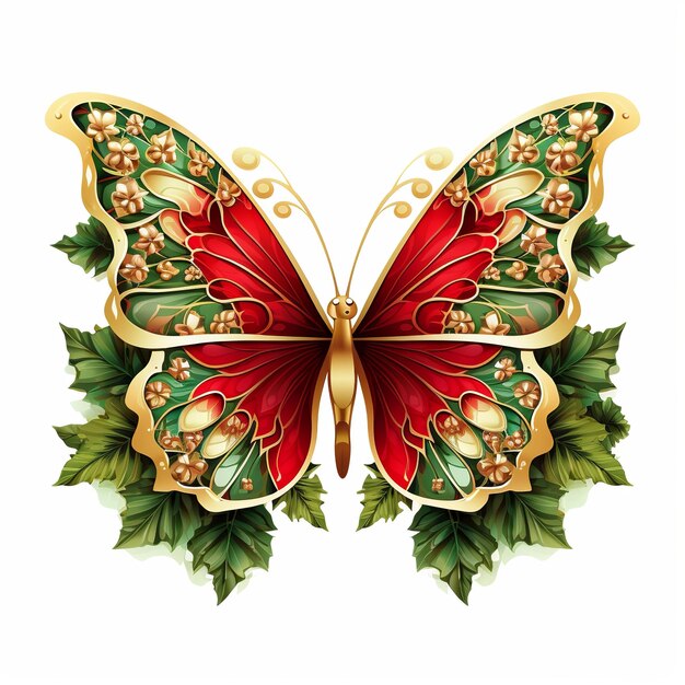 illustration of Vector a green and red butterfly poinsettis gold