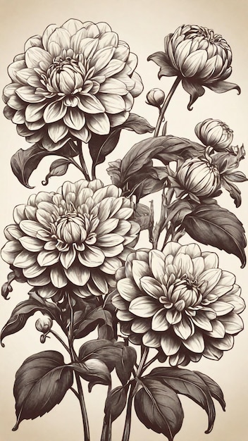 Photo illustration of vector vintage dahlia in pencil drawing style