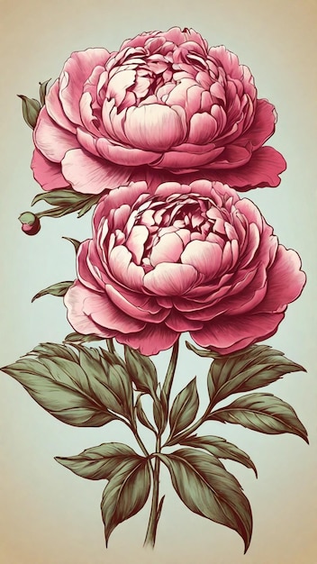 Photo illustration of vector vintage peonia flower in pencil drawing style