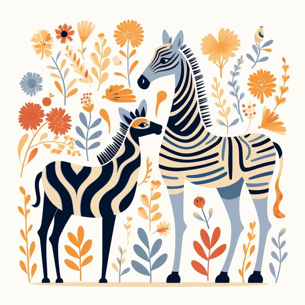 Photo illustration of vector of a zebra and giraffe floral cartoon simple