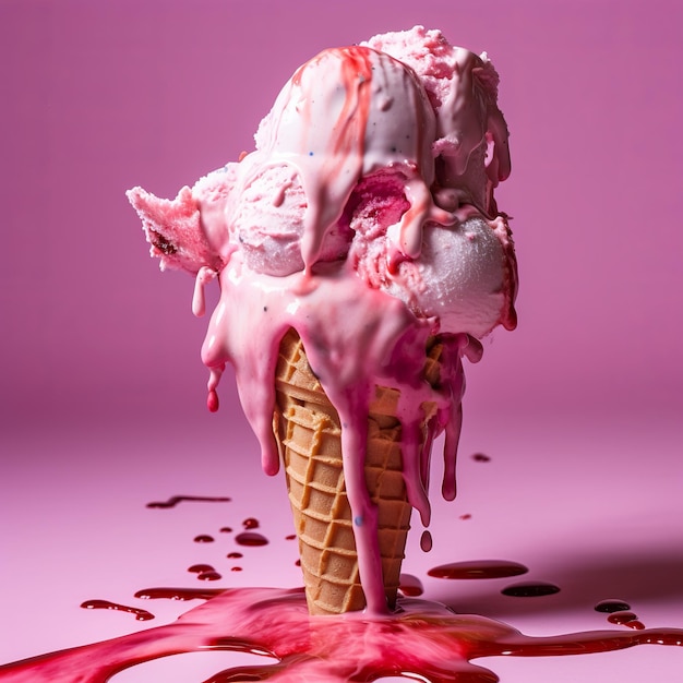 illustration of Vertical shot of melted pink ice cream on a colorful